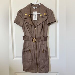 Brown Short Sleeve Belted Dress